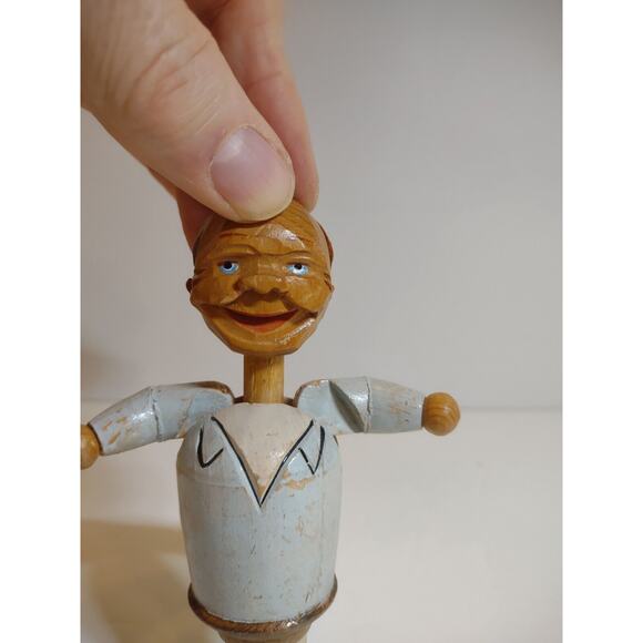 ANRI Mechanical Bottle Stopper Push Head Arms Move Wood Hand Carved Puppet Bar - Picture 5 of 5